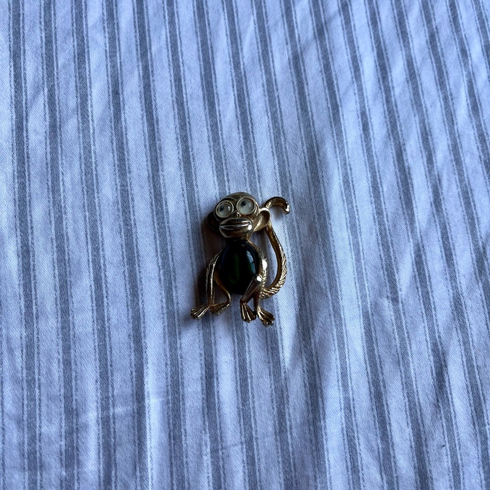 Vintage Gold and Green Brooch with Monkey Design